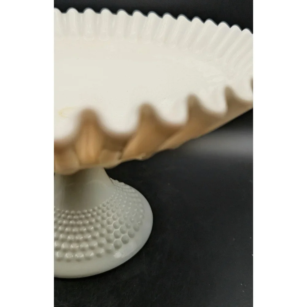 Fenton White‎ Milk Glass Hobnail Pedestal Compote Bowl Crimped Ruffle Edge